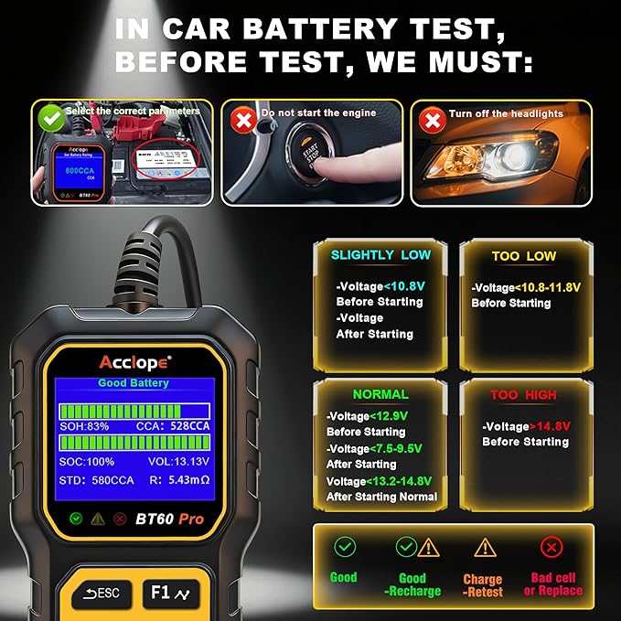 Acclope BT60 Pro Car Battery Tester, Digital Analyzer