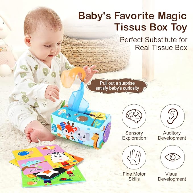 TYRY.HU Baby Gift Set,Montessori Learning Toys Set- Silicone Sensory Toys,Baby Teether Ball with Rattle,Soft Baby Book with Teether Ring & Crinkle Paper,Baby Tissue Box Toy,Milestone Cards,5 PCS