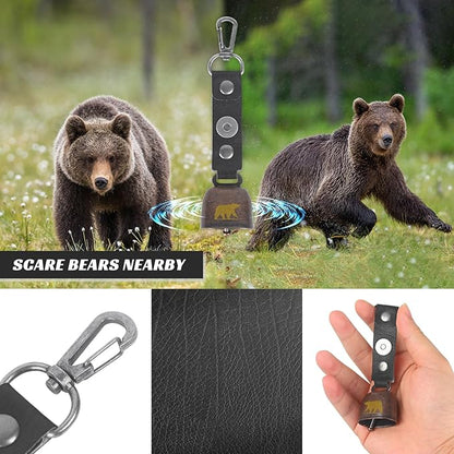 2 Pack Loud Bear Bells with Magnetic Silencer, Leather Button Strap, Carabiner for Bear Deterrent, for Survival, Hiking