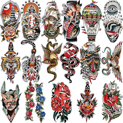 Yazhiji 77sheets Waterproof Temporary Tattoos，Old School Tattoo，Sailor Jerry Style Vintage Classical Fake Tattoo, American Traditional Flower Rose Arm Stickers for Women Men Adults Kids