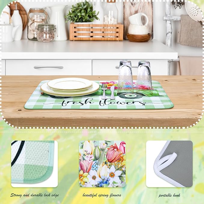 SiliFine 2 Pcs Dish Drying Mat for Kitchen, Spring Floral Absorbent Microfiber
