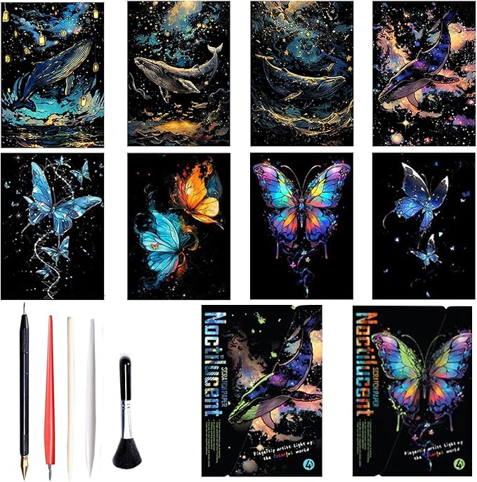 Georgie Porgy Scratch Paper Art Set for Kids Adults Magic Rainbow Painting Boards for DIY Arts and Crafts Kits Christmas Birthday Gift with Scratching Tools Kit (Glow in The Dark Butterfly + Whale)