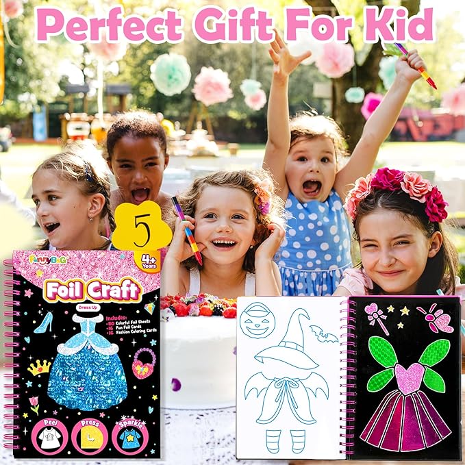 FUNNYB&G Foil Art Craft Activity for Kids - Gift for Girls Crafts for Kids Fun Art Supplies DIY Creative Travel Toy, Birthday Gift Party Favor Toys for Girls Boys 4 5 6 7 8 9 Years Old (Dress Up)