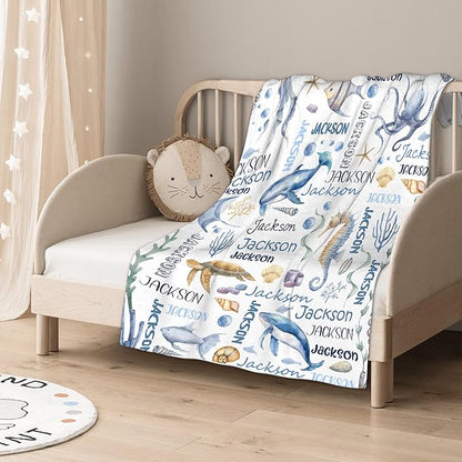 Personalized Baby Blanket for Girls Boys Kids Dolphins Turtles Custom Baby Blanket with Name Throw Birthday Gift for Toddlers Infants Shower Newborns Nursery Stroller Crib Bed Decor