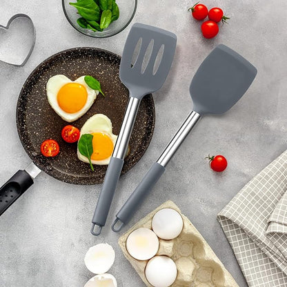 Silicone Spatula Set of 2, E-far Solid & Slotted Turner