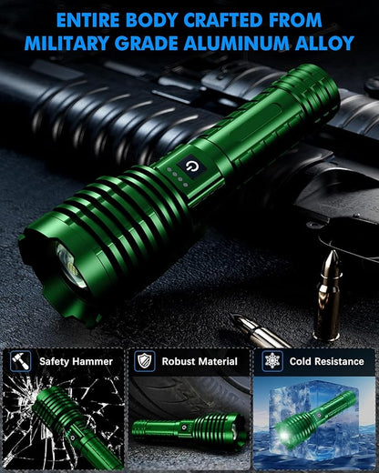 Super Bright Rechargeable LED Flashlights 5000.000 High Lumen, Flashlight Up to 25H Long Battery Life| Zoomable| 5Light Modes| IP67 Water Resistant, Tactical Flashlight for Camping (Green)
