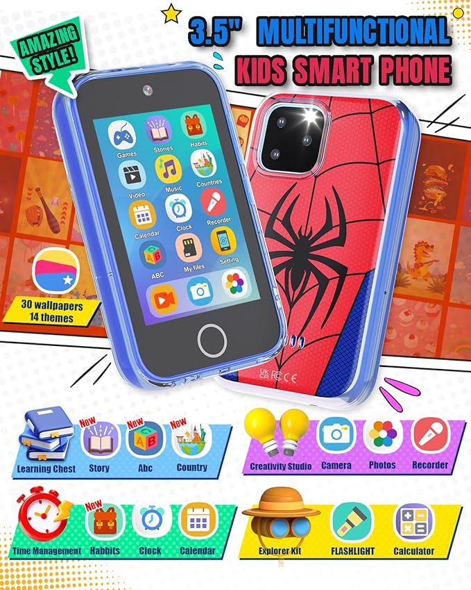 Kids Smart Phone, 3.5'' Touchscreen Kid Phones with Dual Camera, Educational Toddler Learning Toys for 3-10 Year Old Boys, Christmas Birthday Gifts, Music Player, Habit Tracker, Games