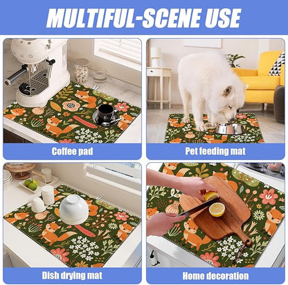Cute Fox Dish Drying Mat for Kitchen Counter Animals Drying Pad Absorbent
