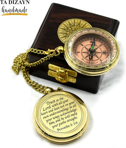 Trust in The Lord With All Your Heart - Proverbs 3:5-6 Quote Engraved Compass With Wooden Box, Greeting Card, Gift Compass, Graduation Day Gifts 2024 for Women Men Boys Girls