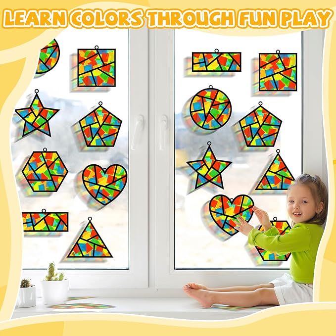 32 Sets Back to School Geometric Recognition Suncatchers Craft DIY Window Stained Glass Effect Star Paper Crafts Home School Classroom Decor Kid Birthday Gift Creative Art Project Activity Game