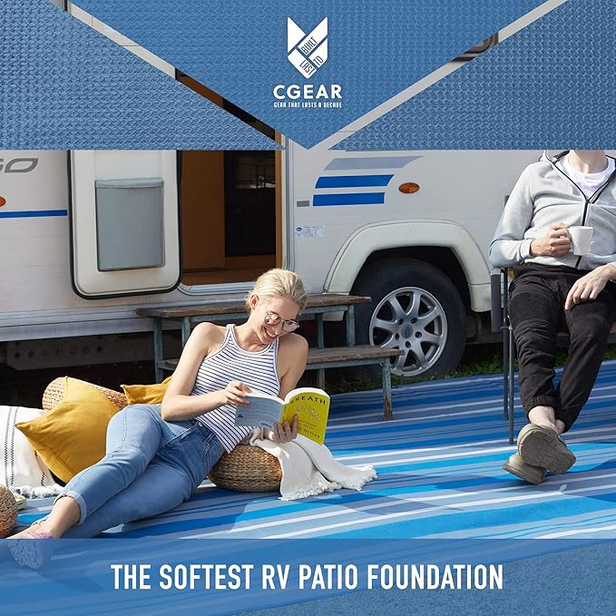 CGEAR RV Comfort Mat – Patented Sand-Free Technology with Ultra Soft Material – Sized to Your RV, Campsite, Beach House – Great Outdoor Patio Rug for RV and Camping (Navy Dynamic Stripe, 8' x 14')