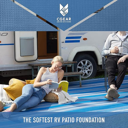 CGEAR RV Comfort Mat – Patented Sand-Free Technology with Ultra Soft Material – Sized to Your RV, Campsite, Beach House – Great Outdoor Patio Rug for RV and Camping (Navy Dynamic Stripe, 8' x 14')