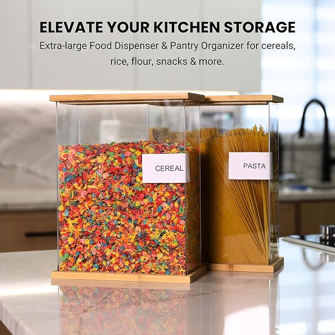 Bamboo Food Dispenser 2 Pack (Large) | Airtight Cereal & Snack Storage Containers | Acrylic Kitchen Organizer for Pantry | Rice, Flour, Candy, Coffee, Pasta, Dry Food Storage