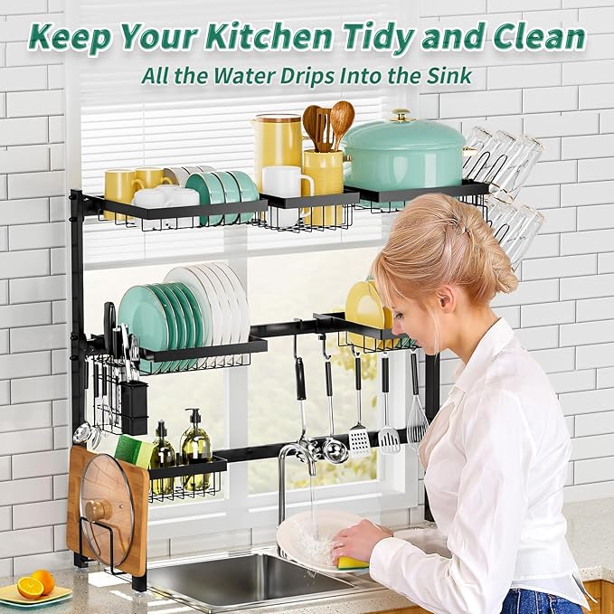 Over The Sink Dish Drying Rack, Expandable Length 3-Tier Large Stainless Steel