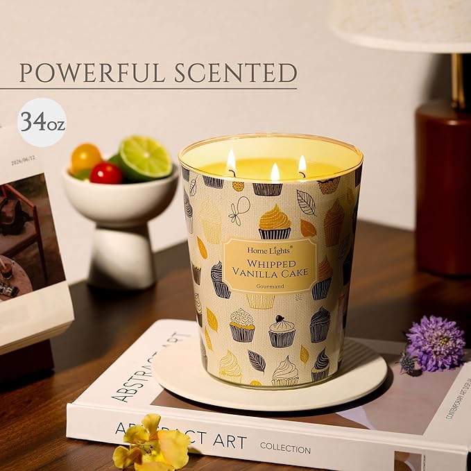 HomeLights Soy Wax Candles for Home Scented, 3-Wick Candles in Whipped Vanilla Cake Scented, Rustic Modern Aromatherapy Candles Gift for Parties, Relaxing, 34oz