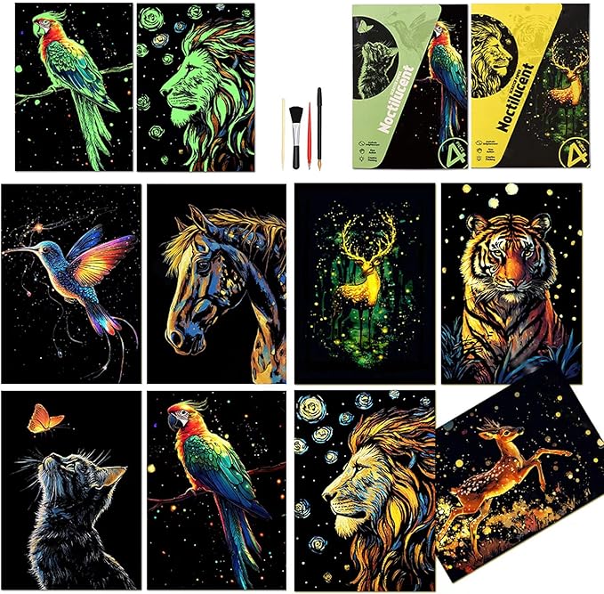 Scratchboard Art for Adult Luminous Scratch Painting Kits, A5 Scratch Art Rainbow Painting Paper 8 Sheet with 4 Tools, Scratchboard for Teens & Adults, Fun Creative Craft Toy/Gifts/Decor, Animals