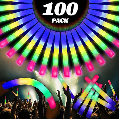 100 Pcs 18.5 inch Foam Glow Sticks Bulk, 4 Color LED Light Foam Sticks, Glow In The Dark Party Supplies, 3 Modes Colorful Flashing for Birthday Wedding Easter Halloween Christmas