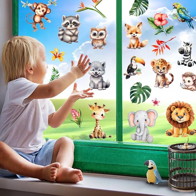 38 Animal Window Stickers, Cute Elephant, Monkey, Bird Window Stickers, Perfect for Parties, Decorating Rooms, Living Rooms, Kitchens, bathrooms, refrigerators, Tile Stickers