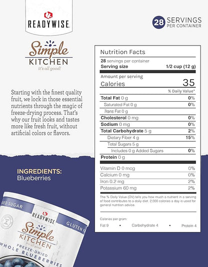 READYWISE - Simple Kitchen Freeze Dried Whole Blueberries, 28 Servings, Vegan, Gluten Free, Fruit Snacks, Emergency Supplies, Dehydrated Fruit, Blueberries