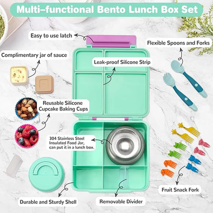 Bento Lunch Box with 9.5 oz Soup Thermo, Kids Leakproof 4 Compartments Bento Box with Silicone Cupcake,Fruit Fork,Spoon and Sauce Cup,Insulated Food Jar for School Travel-Green