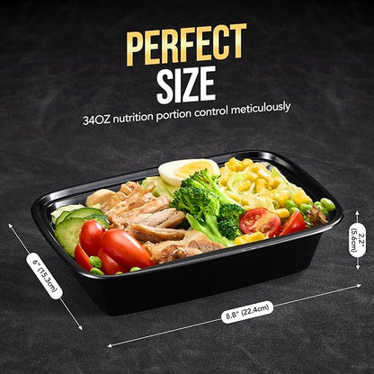 100-Piece (50-Pack) 34 OZ Meal Prep Containers Reusable with Lids, Sturdy Leakproof & Food Safe, Microwave, Freezer, Dishwasher Safe To Go Food Containers, Plastic Take Out Containers, Black