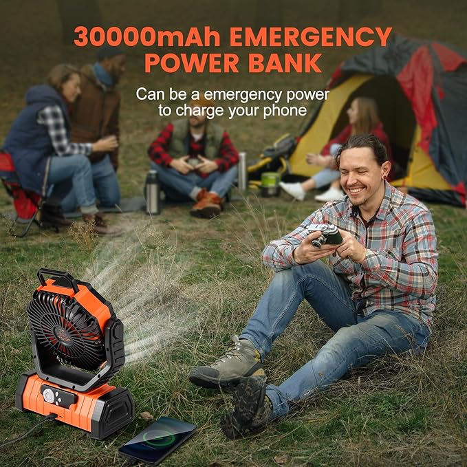 Odoland 30000mAh Camping Fan with LED Lantern, Rechargeable Battery Operated Oscillating with Remote Hook, Portable Tent Fan with Timer, 4 Speeds for Outdoor RV Jobsite Power Outage,Orange