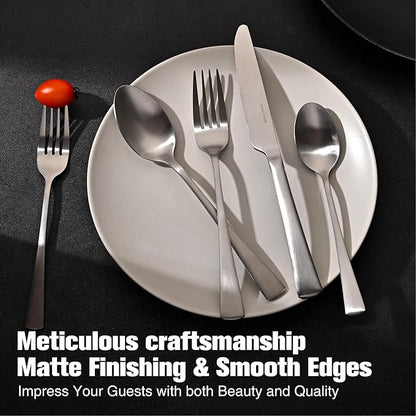 KINGSTONE Forged Silverware Set, 20 Piece Flatware Set for 4, 18/10 Stainless Steel Silverware Matte Satin Finish Dishwasher Safe