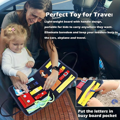 Esjay Toddler Busy Board, Sensory Board for Fine Motor Skill, Montessori Toys Educational Learning Toddler Activities for 3+ Year Old, Travel Car Airplane Toys Gifts for Boys Girls,Blue Alphabet
