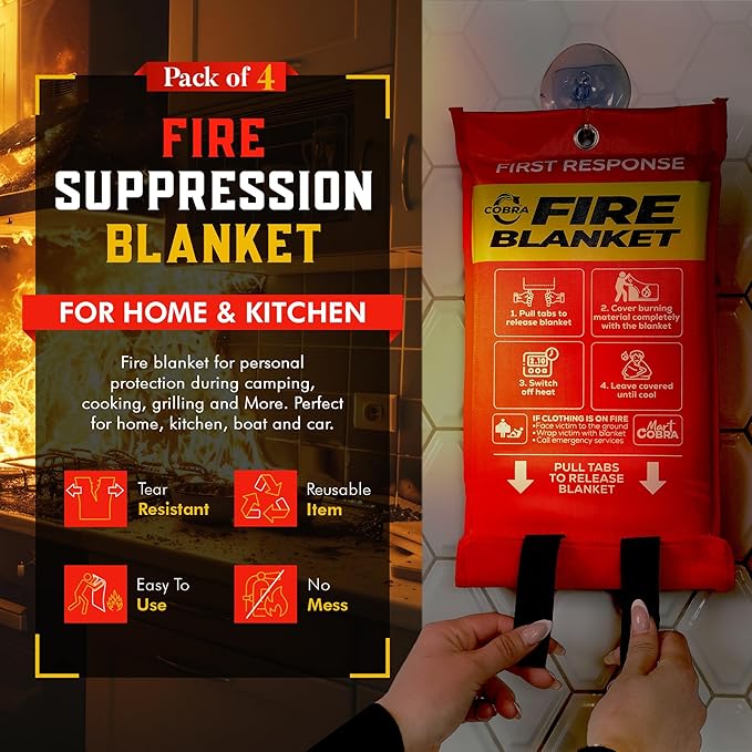 Mart Cobra Emergency Fire Blanket for Home and Kitchen - 4 Pack - Fire Blankets Emergency for Home Safety 40??x 40??- Suppression Shield Retardant Extinguisher Fiberglass Welding Fireproof Cloth Towel