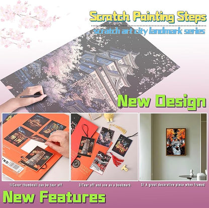 Scratch Art for Adults-Laser Scratch Painting Craft Kit (8 Sheets 16x11 in)|Foil Engraving Art Set|Stress Relief Gift for Travel Lovers,Craft Lovers|Creative Scratch Art Home Decor(Asian Series)