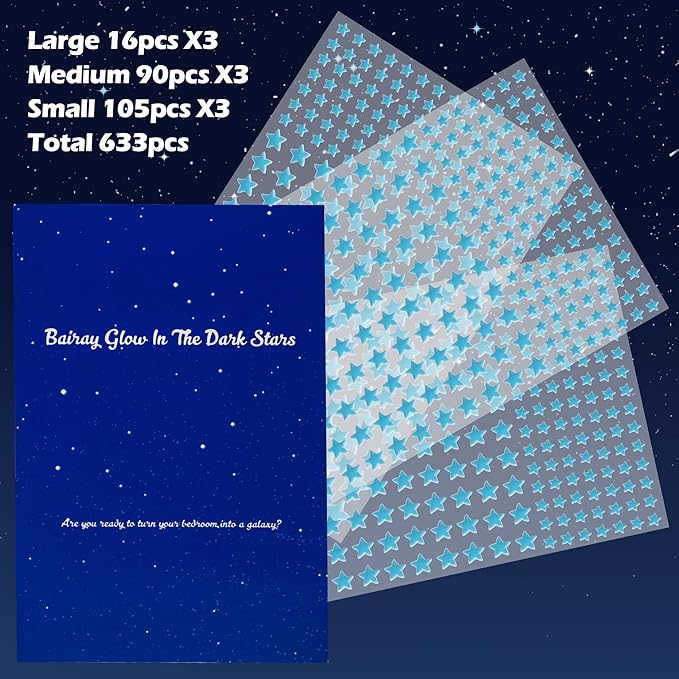 Glow in The Dark Stars Decals Decor for Ceiling 633 Pcs Realistic 3D Stickers Starry Sky Shining Decoration Perfect for Kids Bedroom Bedding Room Gifts(Blue)