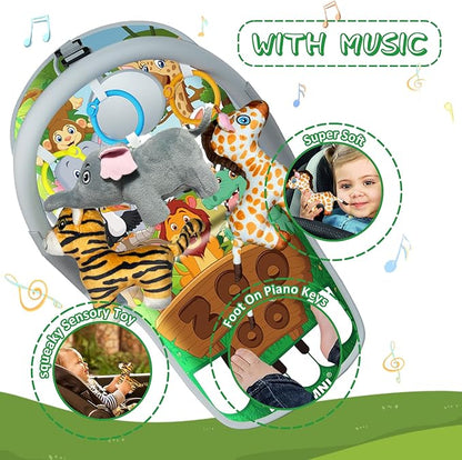 Car Seat Toys for 6-12 Months - Musical Pedal Piano with Baby Mirror, Squeaky Sensory Soft Animal Toys for Rear Facing Carseats
