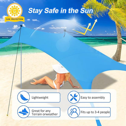 Beach Canopy Tent Sun Shade with UPF 50+ UV Protection, Beach Tent Sun Shelter with Sandbags, Poles and Ground Pegs and Anti-Wind Ropes for Outdoor, Camping, Backyard and Picnics