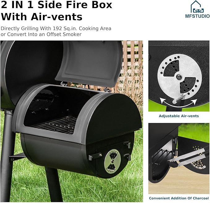 MFSTUDIO Heavy Duty Charcoal Wood Offset Outdoor Smoker Grill, Charcoal Grill with Smoker Combo for BBQ Grilling, 512 SQ.IN.
