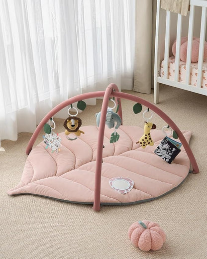 Blissful Diary Baby Play Gym & Activity Mat, Oversize Leaf Shaped Tummy Time Baby Play Mat w 6 Detachable Toys Promotes Motor Skills & Sensory Development, Newborn Infant Essentials Gift, Crystal Pink