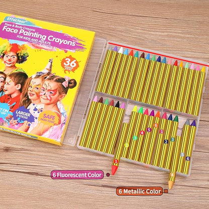 Face Paint Crayons for Kids, 36 Makeup Sticks & 36 Stencils, Professtional Face Painting kit for Halloween or Birthday Party, 6 Fluorescent, 6 Metallic & 24 Classic Colors, Safe for Sensitive Skin