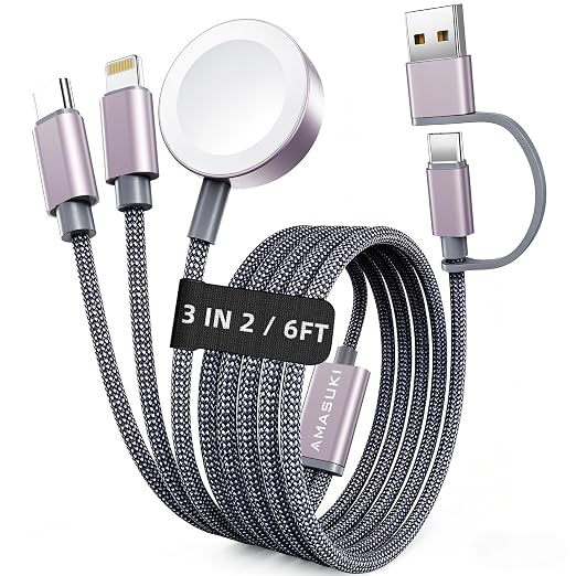 Travel Essentials,3 in 2 USB C Cable for Apple Watch Charger,iPhone Charger,Multi Charging Cable,Cruise Vacation Camping Essentials for iWatch Series 11-2/Ultra,iPhone 17-12,Car Accessories,Grey-6FT