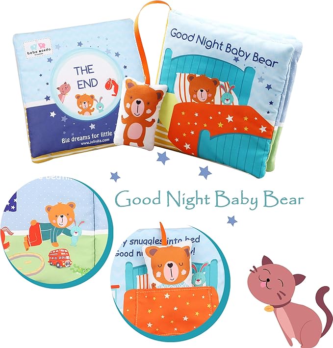 Teddy Bear Baby Book Activity Quiet Cloth Soft Books Developmental Toys Interactive Baby Books for Babies Toddlers Infants, Tummy Time Mirror Toy Gifts for Boys Girl, Goodnight W Box