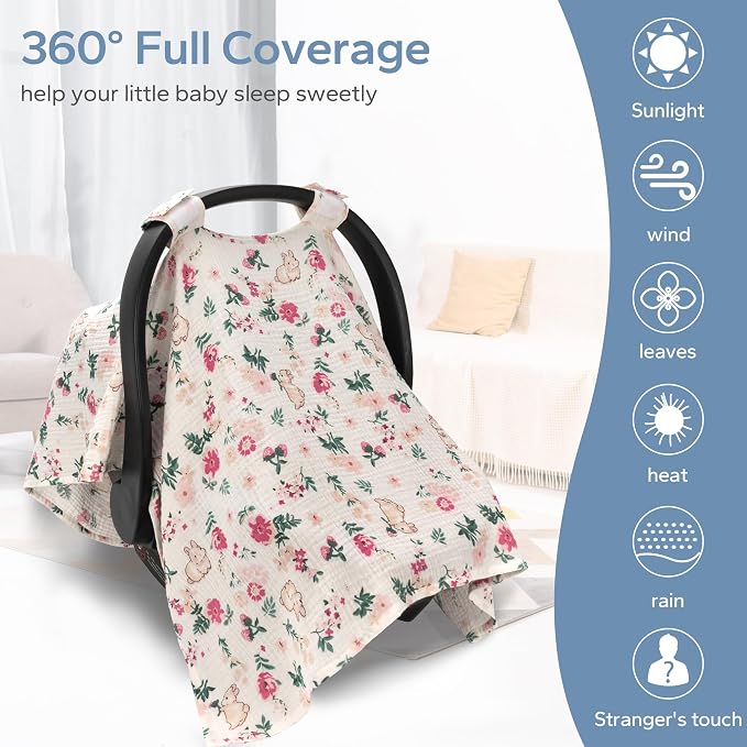 SERAPHY 100% Muslin Cotton Car Seat Covers for Babies, Universal Baby Car Seat Cover, Breathable Muslin Carseat Cover Canopies for Boys and Girls, Soft Infant Car Seat Cover for Summer — Rabbits