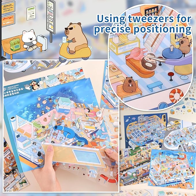 Girls 3D Miniature Scene Stickers, 4 Sets Traffic Series DIY House Stickers for Submarine, Train, Cruise Ship, Airplane,Cute 3D Cartoon Sticker Scenes for Adult Kids Relief Stress Pass The Time