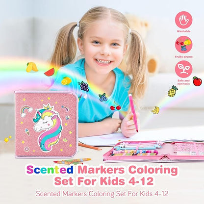 53PCS Fruit Scented Markers Set - Art Coloring Drawing Kits for Kids with Unicorn Pencil Case, Art Supplies for Kids Ages 4 6 8,Stationary Set Pencil,Crayon&Markers Stuff,Birthday Gifts Toys for Girls