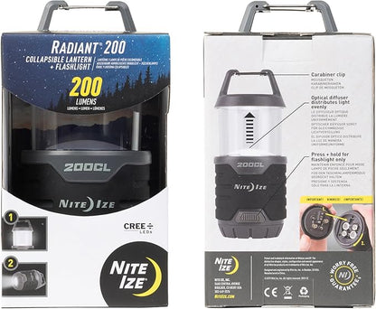 Nite Ize Radiant 200 Collapsible LED Lantern and Flashlight - 200 Lumen Convertible LED Lantern to Flashlight - Compact Essentials for Camping & Hiking Gear