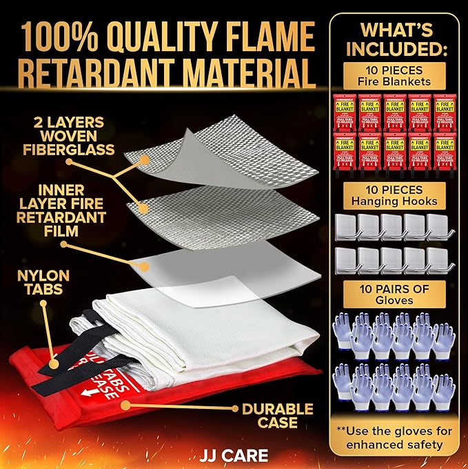 JJ CARE Fire Blanket ??10 Packs with Hooks and Gloves ??Emergency Fire Blanket for Home & Kitchen, High Heat Resistant Fire Suppression Blankets for Home Safety, Kitchen, and Camping