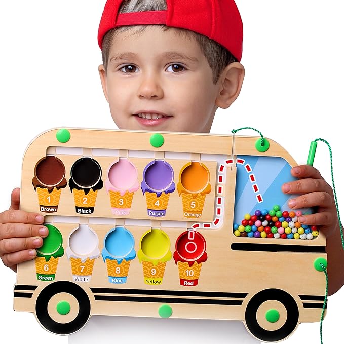 Super Fun Ice Cream Truck Magnetic Color & Number Maze Adventure Toy - For Toddlers and Kids - Montessori Puzzle Board for 1-10 Counting and 10 Color Matching/Sorting - Improve Child's Motor Skills