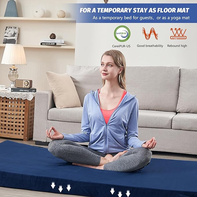 CYMULA CertiPUR-US Memory Foam Camping Mattress Pad, Portable Foam Sleeping Pad for Camping, Roll up Sleeping Mat for Adults Guest Floor Bed for Sleepover, Car, Tent SUV Cot Mattress