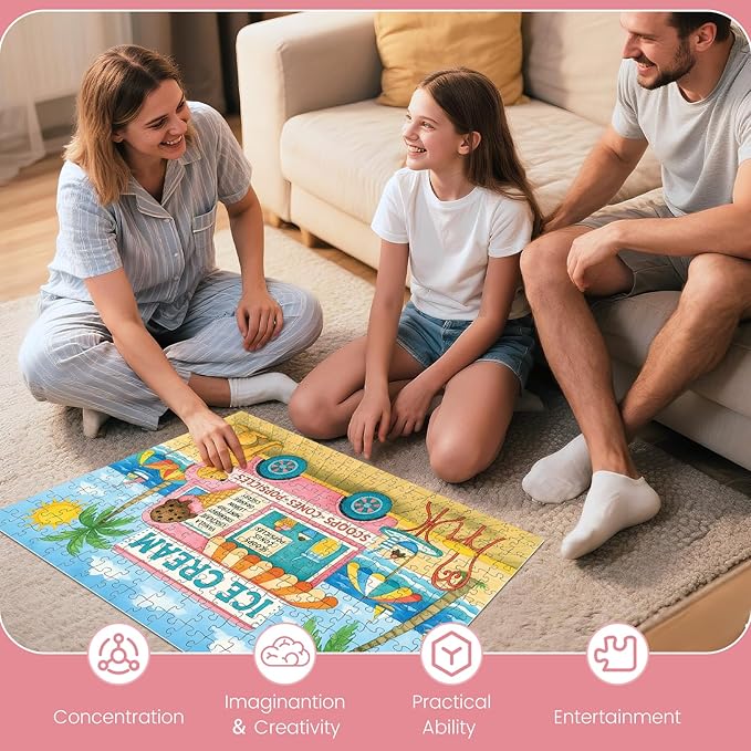 300 Piece Puzzles for Adults, Colorful Ice Cream Truck Puzzles for Adults, Cute Beach Scene with Dog 300 Piece Jigsaw Puzzle, Ideal Home Decor Gift for Adults Kids Seniors, 20.5×15 in