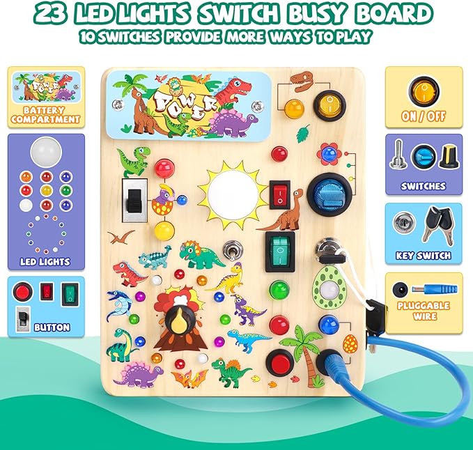 Dinosaur Busy Board, Wooden Toddler Toy, Sensory Travel Toy, Ideal Gift for 1-3 Years Old Boys (Dinosaur Busy Board Plus V2), Blue