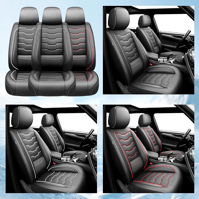 Fit Wrangler 4-Door Car Seat Covers for Jeep Wrangler 2010-2025 2026 -Premium Leather, Waterproof，Breathable，All-Weather Seat Cushion Protecto & Airbag Compatible, Full Set Red Line Black