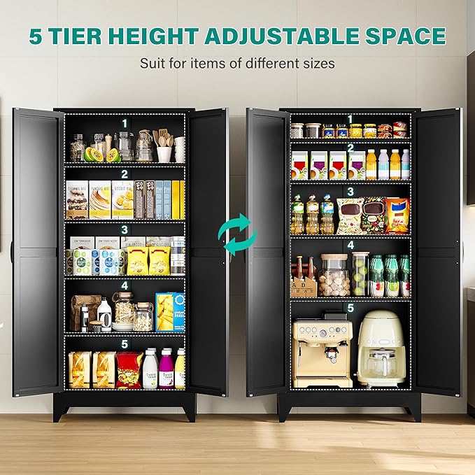 75" Tall Pantry Cabinet,Farmhouse Kitchen Pantry Storage Cabinets with 2 Doors and 4 Shelves,Black Metal Storage Cabinet,Large Cupboard for Home,Kitchen,Dining/Living Room