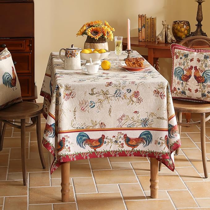 patdrea Designer Linen Tablecloth for Rectangle Table,Red Vintage Animals Pattern Floral Tablecloths,Decor Table Cover for Kitchen Dining Christmas,Tea Party,Thanksgiving,Party,63"x87"-Townlife E